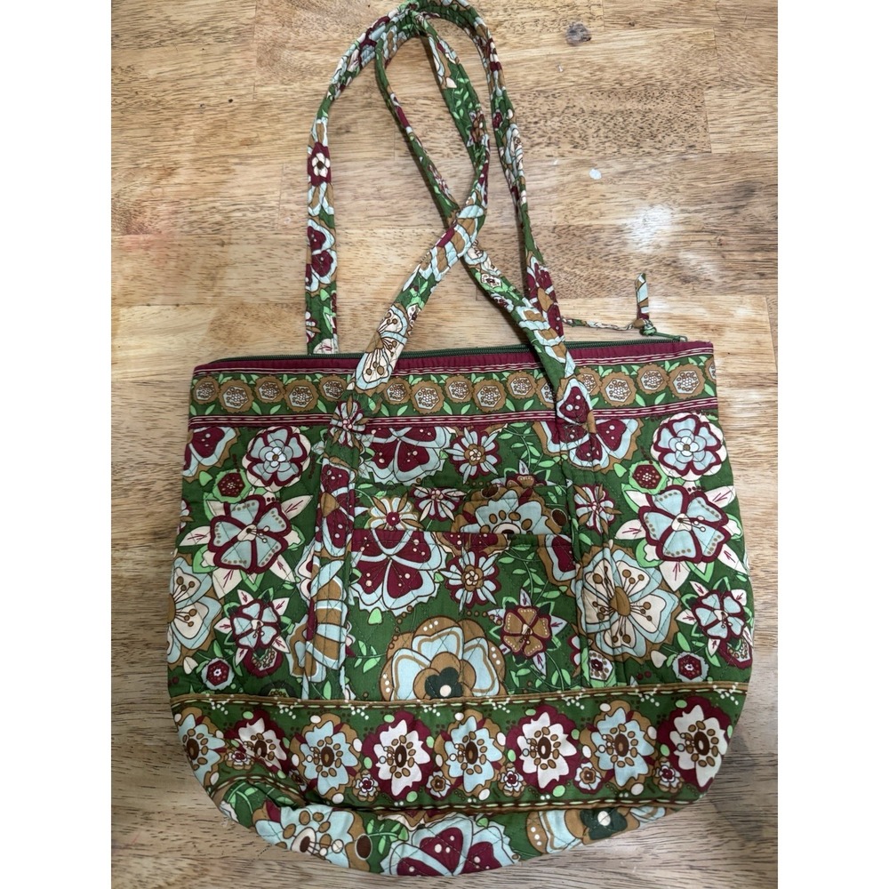 Vera Bradley Green Floral Villager Tote Bag Large Quilted Shoulder Bag